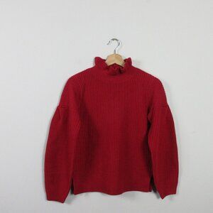 Club Monaco Womens Knit Sweater XS Red Merino Wool Ruffle Boxy Luxury Chunky 456